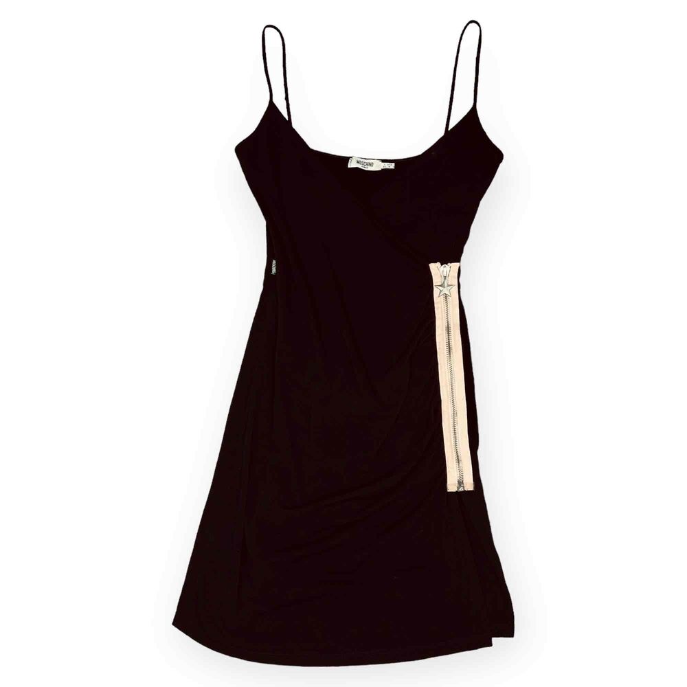 Moschino Jeans Mini Dress Black Logo Zip Side Size 8 fits Medium and Small - Picture 2 of 10